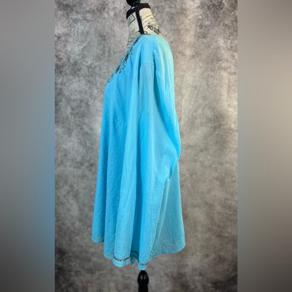 Tantrums Cotton Sky Blue Silver Beaded V- Neckline Long Sleeve Tunic Size 3X - Picture 6 of 11